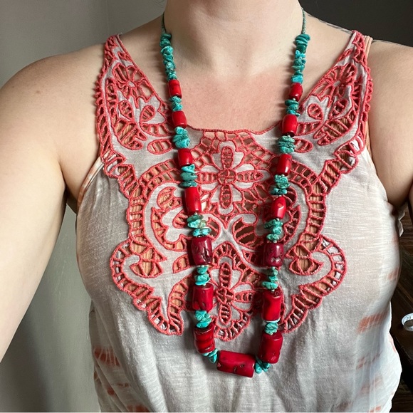 Real Turquoise Red Coral Necklace Bracelet Earring 3 pc set blue green handmade - Picture 12 of 16